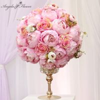 [ดอกไม้ประดิษฐ์ร้อน688] Bola De Flores Artificales Para Decoración Hogar Ramo De Peonías Rosa Centro De Mesa De Comedor Fiesta De Cumaños Artesanal 35Cm 3/4