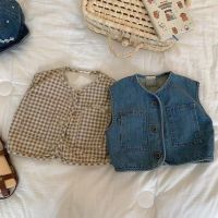 New Fashion Baby Sleeveless Jacket Boys Girls Clothes Casual Denim Vest Coat Infant Cardigans Kids Plaid Corduroy Waistcoat