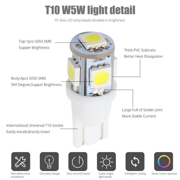 20pcs-w5w-t10-168-led-bulbs-5050-5-smd-white-red-yellow-ice-blue-pink-car-dome-reading-trunk-lights-auto-width-clearance-lamp