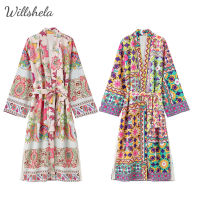 Willshela ผู้หญิงฤดูร้อน Boho พิมพ์ Midi ชุดกิโมโนคอวียาวหลวมแขนด้านข้าง Slit เอวผ้าคาดเอวเก๋สง่างามหญิงลำลองวินเทจชุดยาว