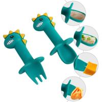 Baby Learning Spoon Fork Set Cartoon Short Handle Easy Soft Silicone Utensils Teether Toy Feeding Cutlery Dinosaur Tableware Bowl Fork Spoon Sets