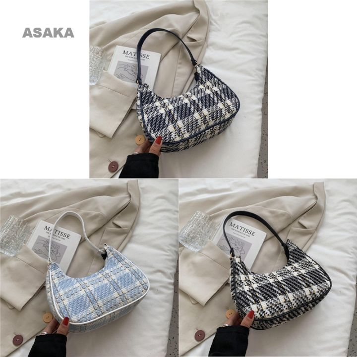 asaka-กระเป๋าสะพายไหล่-กระเป๋าถือ-ผ้าแคนวาส-หนัง-pu-พิมพ์ลาย-ลายสก๊อต-ขนาดเล็ก-สําหรับสตรี
