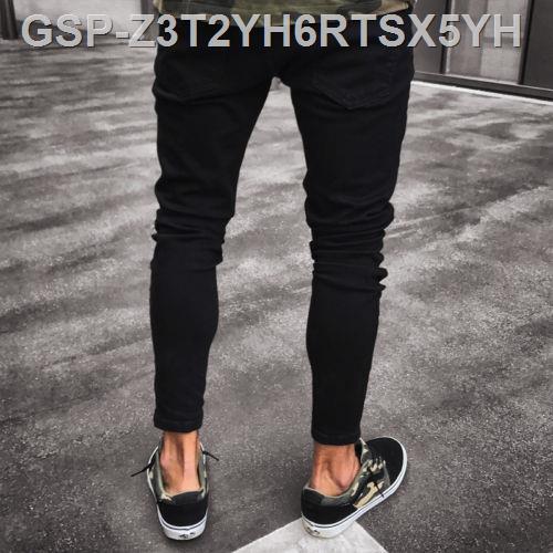 กางเกงยืดฮิปฮอปของผู้ชายกางเกงยีนส์ขาดรัดรูปกางเกงยีนส์สีดำถูกทำลายสำหรับผู้ชายมีรู