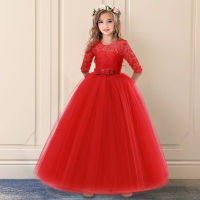 Flower Girls Wedding Ceremony Embroidery Lace Trailing Dress Kids Floral Ball Gown Dresses for Girls Formal Evening Clothing