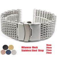 【CHUYANG SHOP】  ♘✉สายรัดข้อมือ Milanese Loop แบบหนา1.2สายรัดข้อมือลายตาข่ายทำจากสเตนเลสสายนาฬิกาข้อมือหัวเข็มขัดประกันคู่ขนาด18มม. 20มม. 22มม. 24มม. หัวเข็มขัดพลาสติก