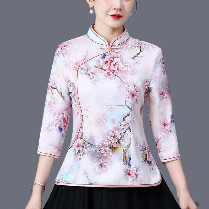 เสื้อสไตล์จีนโบราณลายดอก-เสื้อเชิ้ตชุดกี่เพ้าวินเทจประจำชาติเสื้อจีนชุดจีนตะวันออก