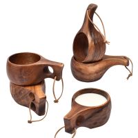 ฟินแลนด์ Kuksa แก้วกาแฟแบบพกพา Acacia-Wood Handle Cowhide Rope Hook น้ำผลไม้ถ้วยนมกาแฟถ้วยดื่ม Drinkware