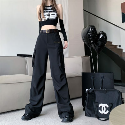 กางเกงผู้หญิงคาร์โก้เอวสูงย้อนยุคกระเป๋าหลากหลายใหม่ขากว้างสีเขียวสีดำแบบเรียบ