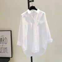 Pure Cotton [spot] single-breasted polo collar solid color shirt cardigan white loose long sleeve shirt for women 2023