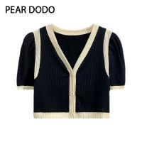 PEAR DODO เสื้อโปโลแบบสั้นสำหรับผู้หญิง,เสื้อถักสไตล์มหาลัยสั้นปิดสีแบบเกาหลี