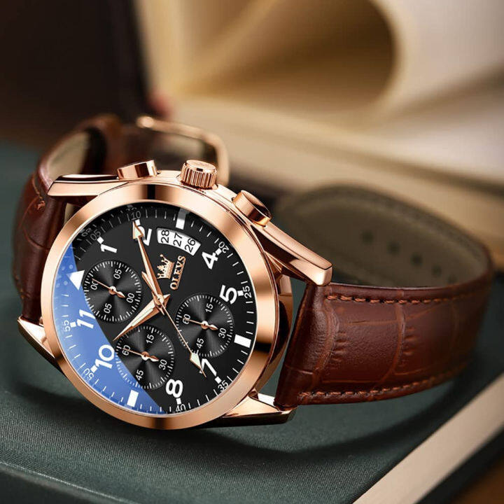 olevs-mens-casual-leather-watch-big-face-chronograph-watch-for-men-fashion-easy-to-read-dress-watch-mens-waterproof-luminous-date-analog-watch-gold-black-white-blue-dial-rose-gold-black-dial-brown-lea