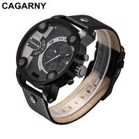 Cagarny Watches Men Luxury Brand Leather Strap Quartz Dual Time Zone Analog Date Men Sport Russian Military Oversize Wristwatch