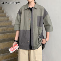 MAYCHEER  หลวมและใส่สบายเสื้อเชิ้ตลำลองลายฤดูร้อนของผู้ชายแขนสั้นบางระบายอากาศ