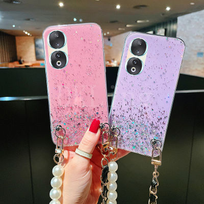 เคสสำหรับ Honor โทรศัพท์นิ่ม90 LITE 90/90 Lite/ 70 LITE Honor 90 Lite หรูหราแวววาวดาวประกายใสเคสมือถือ HONOR 90 5G 2023เคสด้านหลังส่องแสงเป็นประกายวิบวับพร้อมสร้อยข้อมือไข่มุก