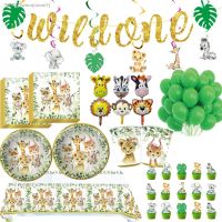 ◎₪☍ Jungle Animal Disposable Party Tableware 1st Wild One Birthday Party Decor Kids Baby Shower Safari Forest Theme Party Supplies