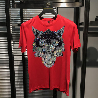 Round Neck Classic Fashion T-Shirt with Hot Rhinestone Animal Pattern Design Top Oversized M-5XL Mens Short Sleeve