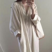 [Spot] Korean chic loose and lazy style cotton and linen shirt dress Womens Mid-length V-neck overknee dress 2023