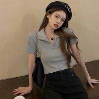 COD dsdgfhgfsdsss Fashion Top Solid Color T-Shirt Hot Girl Short Style POLO Collar White Short-Sleeved T-Shirt Womens Summer Slim-Fit Cropped