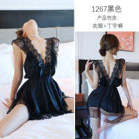 2023 Hot Long Night Sexy Sling Nightgown Womens European And American Perspective Lace V-Neck Low-Cut Hollow Home Suit 1267