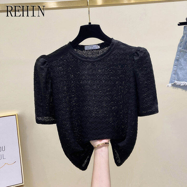 rehin-เสื้อยืดแขนสั้นผู้หญิง-เสื้อทรงหลวมและสไตล์เกาหลีแบบใหม่กระชับสัดส่วนสไตล์เรียบง่าย