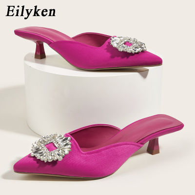 Eilyken Fashion Metal decoration Crystal Buckle Designer Women Low Thin Heels Slippers Pointed Toe Slingback Slip On Mules shoes