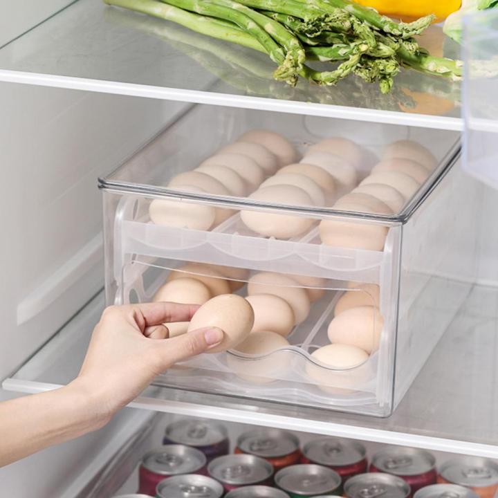 กล่องใส่ไขในตู้เย็นแบบเลื่อนอัตโนมัติ-2023ใหม่ถาดกล่องใส่ของแบบใสไข่2ชั้นแบบกล่องเกี๊ยวฝาปิด36ช่อง