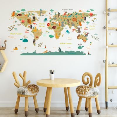 Cartoon Animals World Map Wall Stickers DIY Wallpaper for Kids Room Bedroom Nursery Wall Decor Wall Decals Home Decor