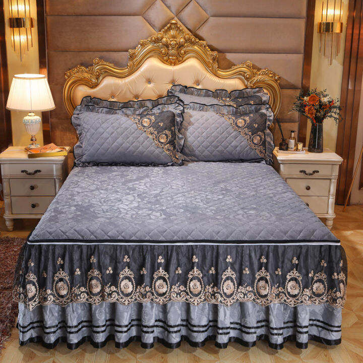 Luxury Velvet Lace Quilted Bedspread for Bed Double Full Queen King Bed