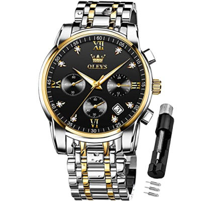 OLEVS Mens Watches Chronograph Business Dress Quartz Stainless Steel Waterproof Luminous Date Wrist Watch two tone black