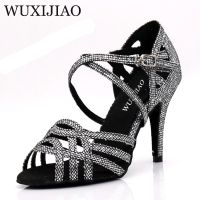 ♈ WUXIJIAO Women Party Dance Shoes Satin Shining rhinestones Soft Bottom Latin Dance Shoes Woman Salsa Dance Shoes heel5CM-10CM