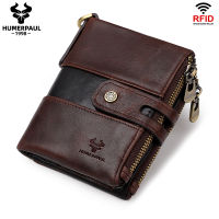 HUMERPAUL Men Genuine Leather Wallets RFID Anti-Thef Slim Bifold with 7 Credit Card Pocket Solid Zipper Coin Purse Small Clutch