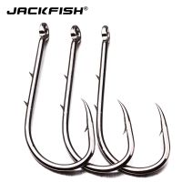 JACKFISH #6-#6/0ตะขอตกปลา50ชิ้นตะขอมีหนาม Pesca สีดำ Baitholder ก้านหั่นบางๆตะขอขนาดใหญ่ตะขอเหล็กคาร์บอนสูง