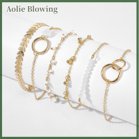 Aolie 6ชิ้น/เซ็ต Boho Bracelet ชุดสตรีพู่ใบไม้สร้อยข้อมือวงกลม