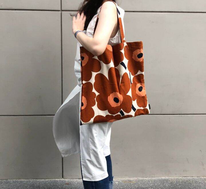 ใหม่ล่าสุด-รุ่นผ้าหนา-กระเป๋า-marimekko-ของแท้100-tote-bag-ดอกสีน้ำตาล-chestnut-you-nikko-กระเป๋าแฟชั่น-ถุงผ้า-กระเป๋าผ้า-กระเป๋าเกาหลี