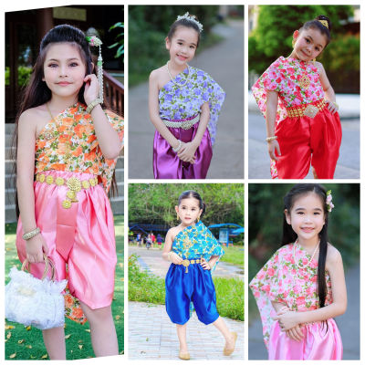 ชุดไทยเด็ก ชุดไทย โจงกระเบน + สไบสำเร็จดึงยางยืดลายดอก ใส่ง่าย กระชับไม่หลุด มี 5 สี