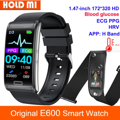 E600 สมาร์ทนาฬิกากลูโคสกลูโคสบลูทู ธ โทรหน้าจอสัมผัส HD สมาร์ทนาฬิกาการตรวจสอบคลื่นไฟฟ้าหัวใจอุณหภูมิร่างกายกันน้ำติดตามการออกกำลังกายสำหรับ Android และ IOS สร้อยข้อมือสมาร์ท