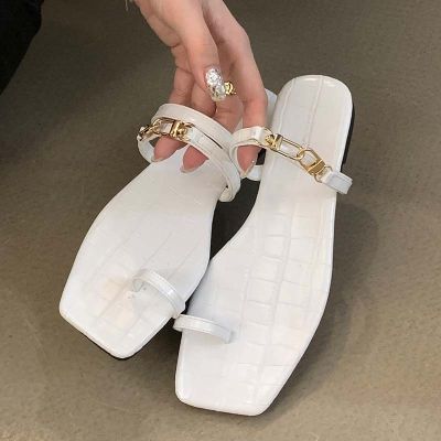 Hot sell Women Slippers Chain Female Shoes Flip Flops 2023 Summer Casual Slides Black Ladies Outside Square Toe Footwear Flats