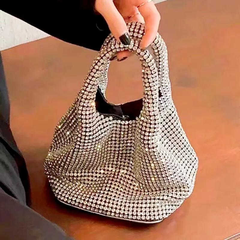 Luxury Designer Evening Clutch Bag Handle Rhinestones silver Shiny