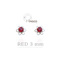 (S925) 3 mm แดง ต่างหูดอกไม้มินิมอลเงินแท้เพชร CZ Flower Sterling Silver Stud Earring