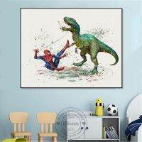 ♠ Spiderman Hulk Vs T. Rex Tyrannosaurus โปสเตอร์ Wall Art ซูเปอร์ฮีโร่ไดโน