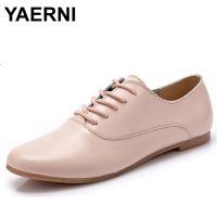 YAERNI Spring women oxford shoes ballerina flats shoes women genuine leather shoes moccasins lace up loafers white shoes 051