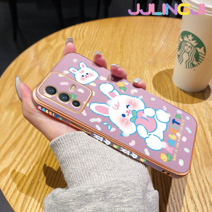 jlingji-เคสสำหรับ-vivo-v23-4g-v23-5g-s12-5g-กระต่ายสีขาวน่ารักการ์ตูนหรูหรากรอบชุบสี่เหลี่ยมเคสเคสมือถือซิลิโคนกันกระแทกปกหลังป้องกันเลนส์กล้อง