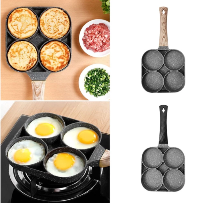 4-hole Non-stick Frying Pot Aluminum Omelet Pan For Burger Eggs Ham Pancake  Breakfast Maker Kitchen Cookware Wooden Handle Pan