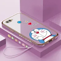 Hontinga Casing Case For OPPO A12 A7 A5S Case Fashion Cartoon Anime Doraemon Luxury Chrome Plated Soft TPU Square Phone Case Full Cover Camera Protection Anti Gores Rubber Cases For Girls