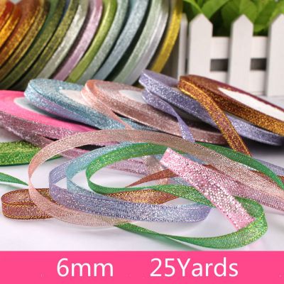 1/4" (6mm) 25yards Gold Silver Metallic Glitter Ribbons For DIY Crafts Sewing Fabric Christmas Party Wedding Supplies Gift Wrap Gift Wrapping  Bags