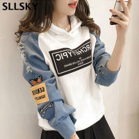 SLLSKY Harajuku Sweatshirt Women Letter Print Patch Women Hoodies 2020 Autumn New Hole Long Sleeve Drawstring Splice Pullovers