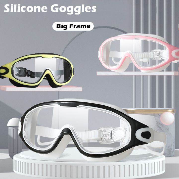 แว่นตาว่ายน้ำซิลิโคนกรอบใหญ่พร้อมที่อุดหูแว่นตากันน้ำแว่นตา-hd-กันหมอกอุปกรณ์ว่ายน้ำสำหรับผู้ชายและผู้หญิง