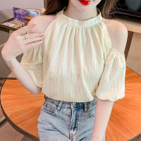 ฤดูร้อน Off-The-Shoulder Elegant เสื้อผู้หญิง2023พัฟแขนสั้นเสื้อสุภาพสตรี Stand Collar หลวม Casual Lace Up เสื้อ27359