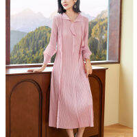 UU085 One Size (45-75kg) Autumn Womens Miyake Pleated Large Size Pullover Lapel Intellectual Long Bottomed A-line Dress