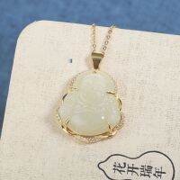 【CW】 Designer new silver inlaid natural Hetian jade Maitreya Buddha pendant necklace elegant